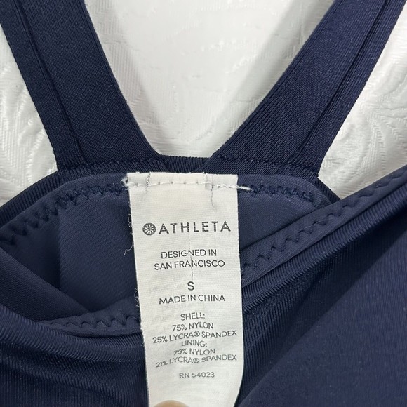 Athleta Adriata Womens Sz S One Piece Swimsuit Navy Blue Woven Panel Round Neck - Picture 14 of 15